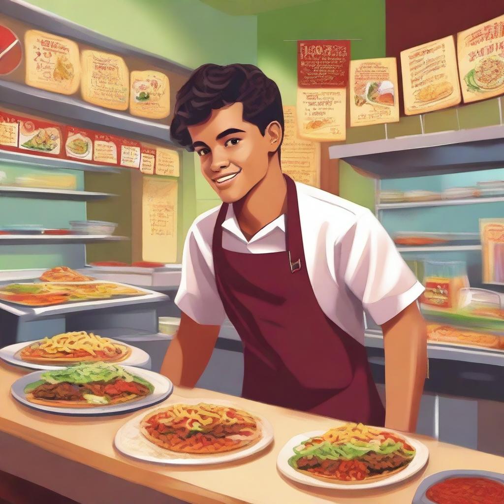 A digital art image showcasing a high school student, dressed in a uniform, working in a bustling taco shop