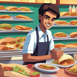 A digital art image showcasing a high school student, dressed in a uniform, working in a bustling taco shop