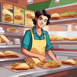 A digital art image showcasing a high school student, dressed in a uniform, working in a bustling taco shop