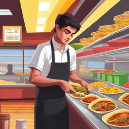 A digital art image showcasing a high school student, dressed in a uniform, working in a bustling taco shop