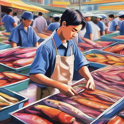 A digital art image of a high school student working diligently at a bustling fish market