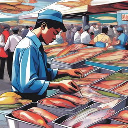 A digital art image of a high school student working diligently at a bustling fish market