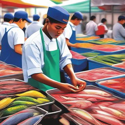 A digital art image of a high school student working diligently at a bustling fish market