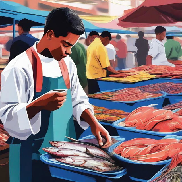 A digital art image of a high school student working diligently at a bustling fish market