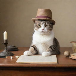 A captivating scene of a cat wearing a hat, sitting at a writing desk and composing a poem. The background is entirely blank, placing emphasis on the unusual and whimsical tableau.