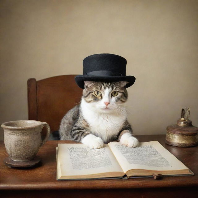 A captivating scene of a cat wearing a hat, sitting at a writing desk and composing a poem. The background is entirely blank, placing emphasis on the unusual and whimsical tableau.