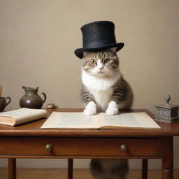 A captivating scene of a cat wearing a hat, sitting at a writing desk and composing a poem. The background is entirely blank, placing emphasis on the unusual and whimsical tableau.