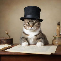 A captivating scene of a cat wearing a hat, sitting at a writing desk and composing a poem. The background is entirely blank, placing emphasis on the unusual and whimsical tableau.