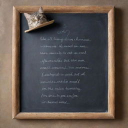 A rustic chalkboard with a whimsical poem about a cat with a hat written carefully in elegant handwriting.