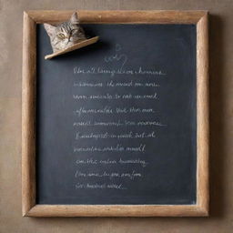 A rustic chalkboard with a whimsical poem about a cat with a hat written carefully in elegant handwriting.