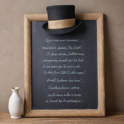 A rustic chalkboard with a whimsical poem about a cat with a hat written carefully in elegant handwriting.