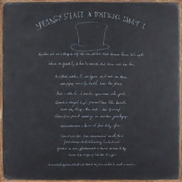 A rustic chalkboard with a whimsical poem about a cat with a hat written carefully in elegant handwriting.