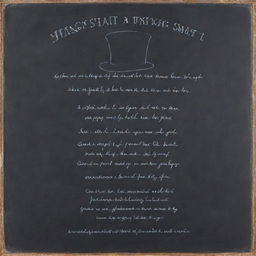 A rustic chalkboard with a whimsical poem about a cat with a hat written carefully in elegant handwriting.