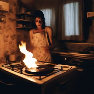 The horror movie portrayed a chilling scene where the killer turned on all the burners of the stove simultaneously.