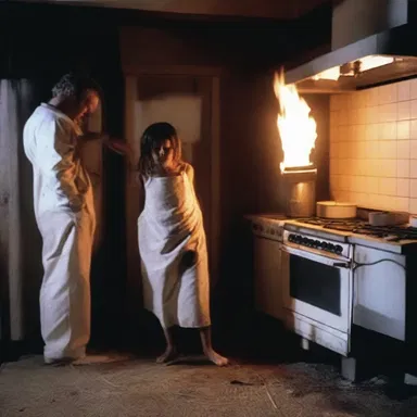 The horror movie portrayed a chilling scene where the killer turned on all the burners of the stove simultaneously.