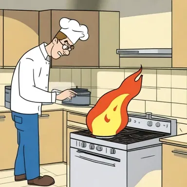 In the animated show, the character accidentally set the kitchen on fire when he left the burner unattended.