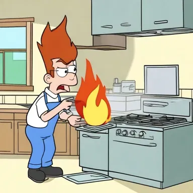In the animated show, the character accidentally set the kitchen on fire when he left the burner unattended.