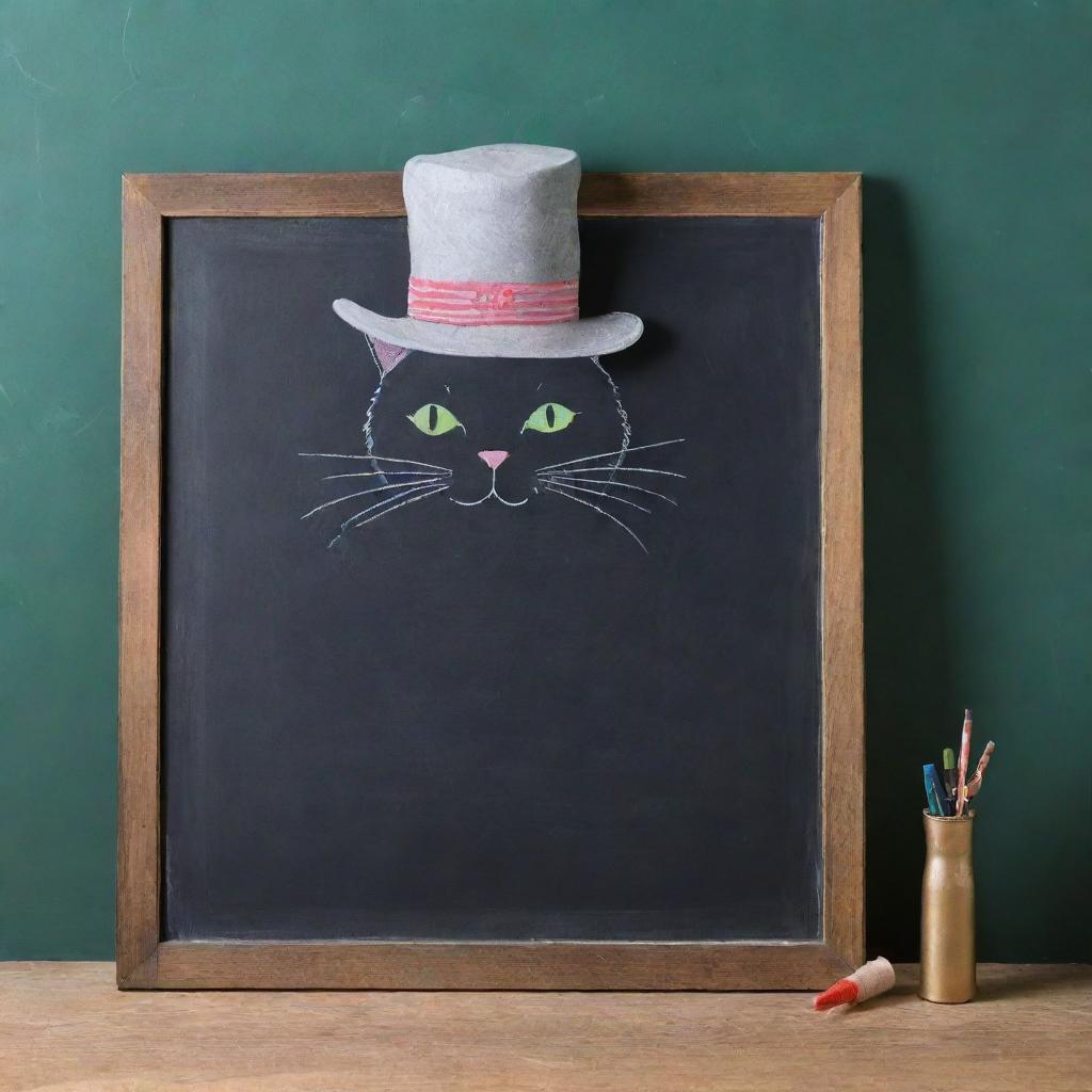 A blank chalkboard with a whimsical illustration of the poem 'catwithhat', featuring a playful cat wearing a hat.