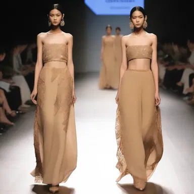The fashion designer showcased an elegant collection inspired by the earthy and natural tones found in the husk of brown rice.