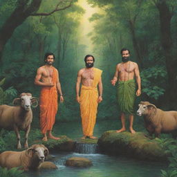 Ram, Laxman, and Valmiki standing together in a dense jungle, radiant with the glow of spirituality and brotherhood, surrounded by lush greenery, exotic animals, and a serene stream.