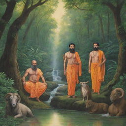 Ram, Laxman, and Valmiki standing together in a dense jungle, radiant with the glow of spirituality and brotherhood, surrounded by lush greenery, exotic animals, and a serene stream.