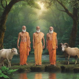 Ram, Laxman, and Valmiki standing together in a dense jungle, radiant with the glow of spirituality and brotherhood, surrounded by lush greenery, exotic animals, and a serene stream.