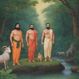 Ram, Laxman, and Valmiki standing together in a dense jungle, radiant with the glow of spirituality and brotherhood, surrounded by lush greenery, exotic animals, and a serene stream.