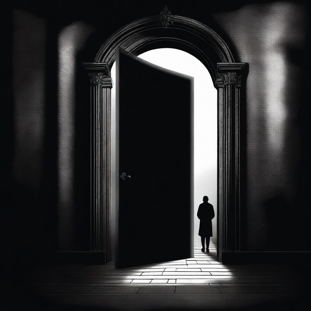 A high-quality digital art piece depicting a mysterious figure opening a solid, imposing door