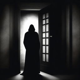 A high-quality digital art piece depicting a mysterious figure opening a solid, imposing door