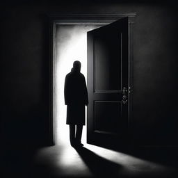 A high-quality digital art piece depicting a mysterious figure opening a solid, imposing door