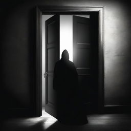 A high-quality digital art piece depicting a mysterious figure opening a solid, imposing door