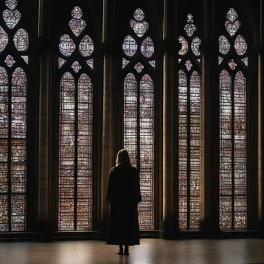 The protagonist of the novel stood in awe as she admired the intricate stained glass windows of the cathedral.