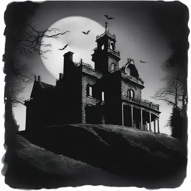 The haunted mansion stood on a hill, casting a maledict shadow over the neighboring village in the horror film.