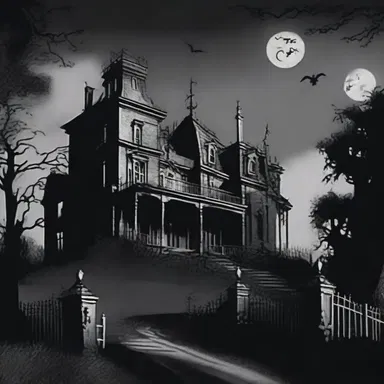 The haunted mansion stood on a hill, casting a maledict shadow over the neighboring village in the horror film.