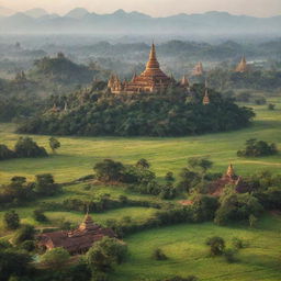 A scenic landscape illustrating the unique beauty and culture of Myanmar. Include iconic landmarks, traditional clothing, and lush greenery.