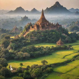 A scenic landscape illustrating the unique beauty and culture of Myanmar. Include iconic landmarks, traditional clothing, and lush greenery.