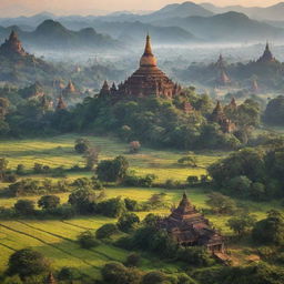 A scenic landscape illustrating the unique beauty and culture of Myanmar. Include iconic landmarks, traditional clothing, and lush greenery.