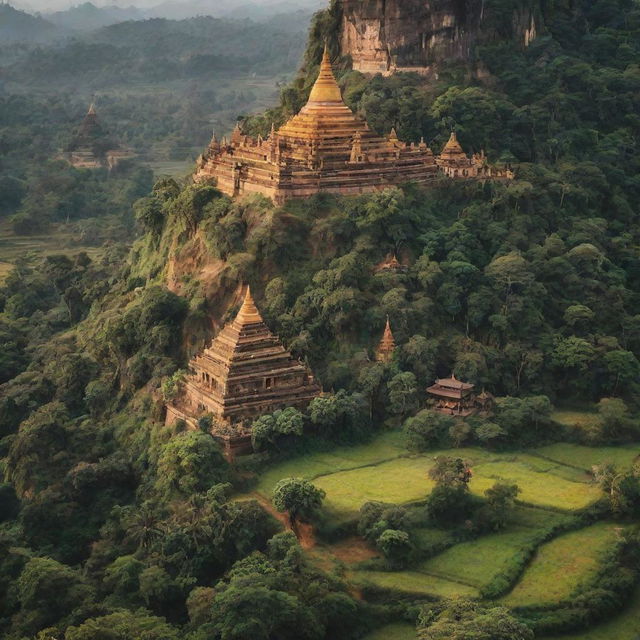 A scenic landscape illustrating the unique beauty and culture of Myanmar. Include iconic landmarks, traditional clothing, and lush greenery.