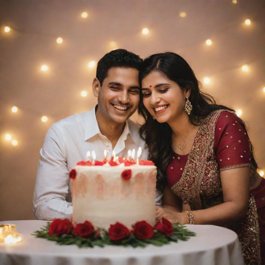 A happy couple named Palvi and Omkar celebrating their wedding anniversary. They're joyously laughing, holding a beautifully decorated anniversary cake, surrounded by warm lights and romantic decorations.