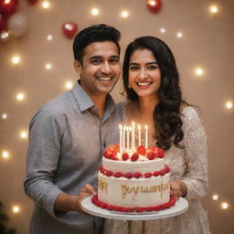 A happy couple named Palvi and Omkar celebrating their wedding anniversary. They're joyously laughing, holding a beautifully decorated anniversary cake, surrounded by warm lights and romantic decorations.