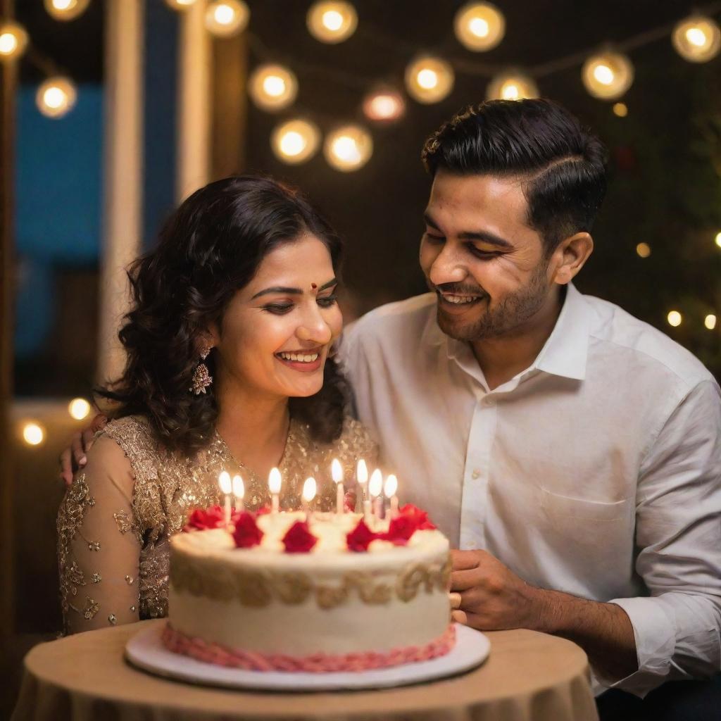 A happy couple named Palvi and Omkar celebrating their wedding anniversary. They're joyously laughing, holding a beautifully decorated anniversary cake, surrounded by warm lights and romantic decorations.