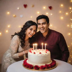 A happy couple named Palvi and Omkar celebrating their wedding anniversary. They're joyously laughing, holding a beautifully decorated anniversary cake, surrounded by warm lights and romantic decorations.