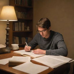 A diligent student engrossed in studying with books and notes spread across a desk, lit by a warm desk lamp, in a quiet and cozy room.