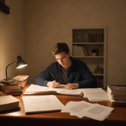 A diligent student engrossed in studying with books and notes spread across a desk, lit by a warm desk lamp, in a quiet and cozy room.