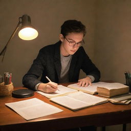 A diligent student engrossed in studying with books and notes spread across a desk, lit by a warm desk lamp, in a quiet and cozy room.