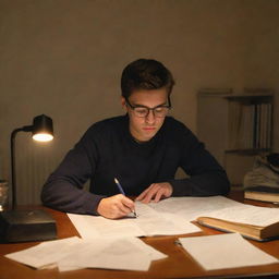 A diligent student engrossed in studying with books and notes spread across a desk, lit by a warm desk lamp, in a quiet and cozy room.