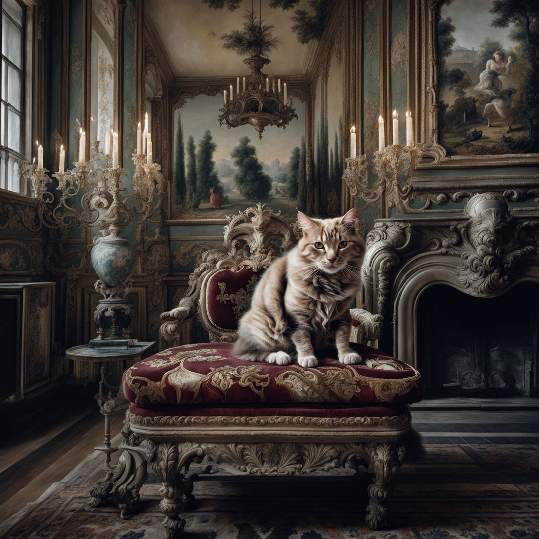 A majestic cat with cream and gold fur sits on a burgundy velvet cushion in a grand Rococo-style salon. The room is adorned with gilded moldings, damask wallpaper, and a large pastoral painting.