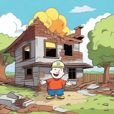 After the explosion, the cartoon character started to rebuild the destroyed house.