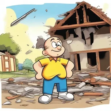 After the explosion, the cartoon character started to rebuild the destroyed house.