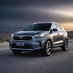 A KIA rebel car, bold and sleek, in dramatic lighting on a desolate road. Capture its robust design and stylish looks.